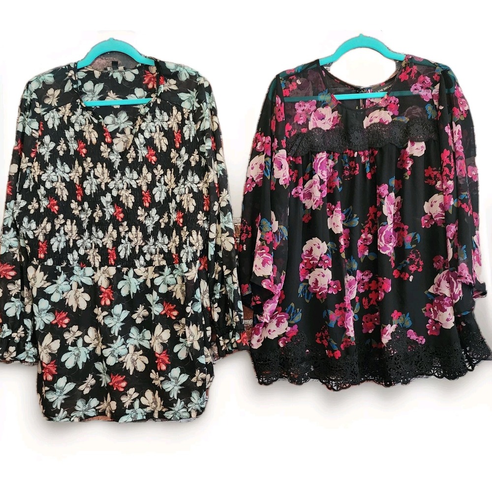 Lane Bryant Womens Top (x2) Blouse Shirt 18 3/4 Sleeve Black Sheer Lace Smocked